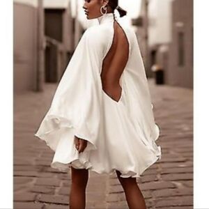 UOOZEE Backless High Neck Long Flared Sleeves Oversized Loose Mini Dres fit Sz-S